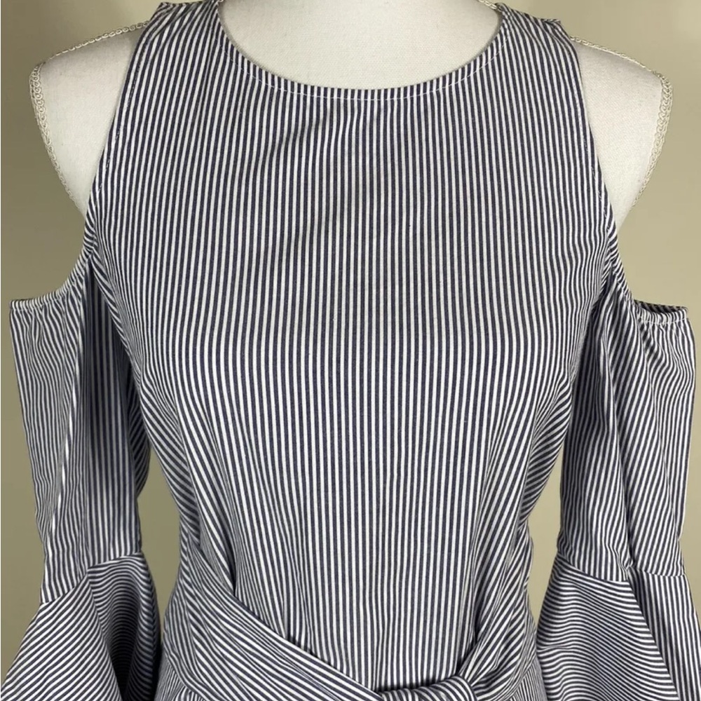 Intermix Size 2 Ellie Striped Asymmetric Bell Sleeve Belted Dress View 3